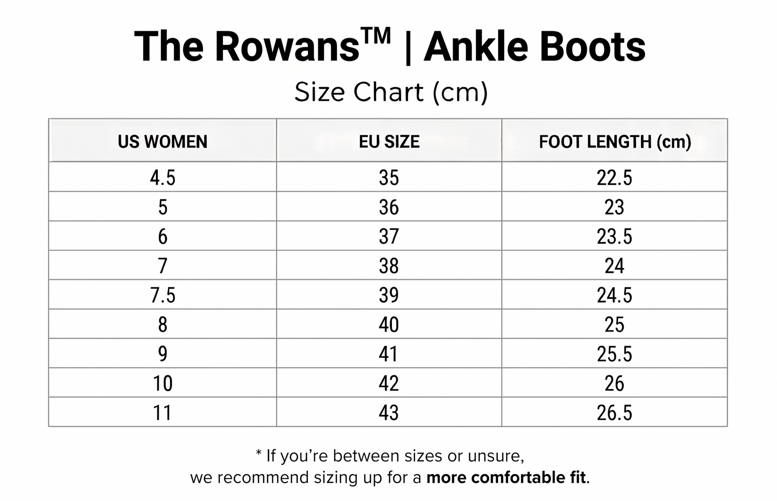 The Rowans™| Ankle Boots size guide