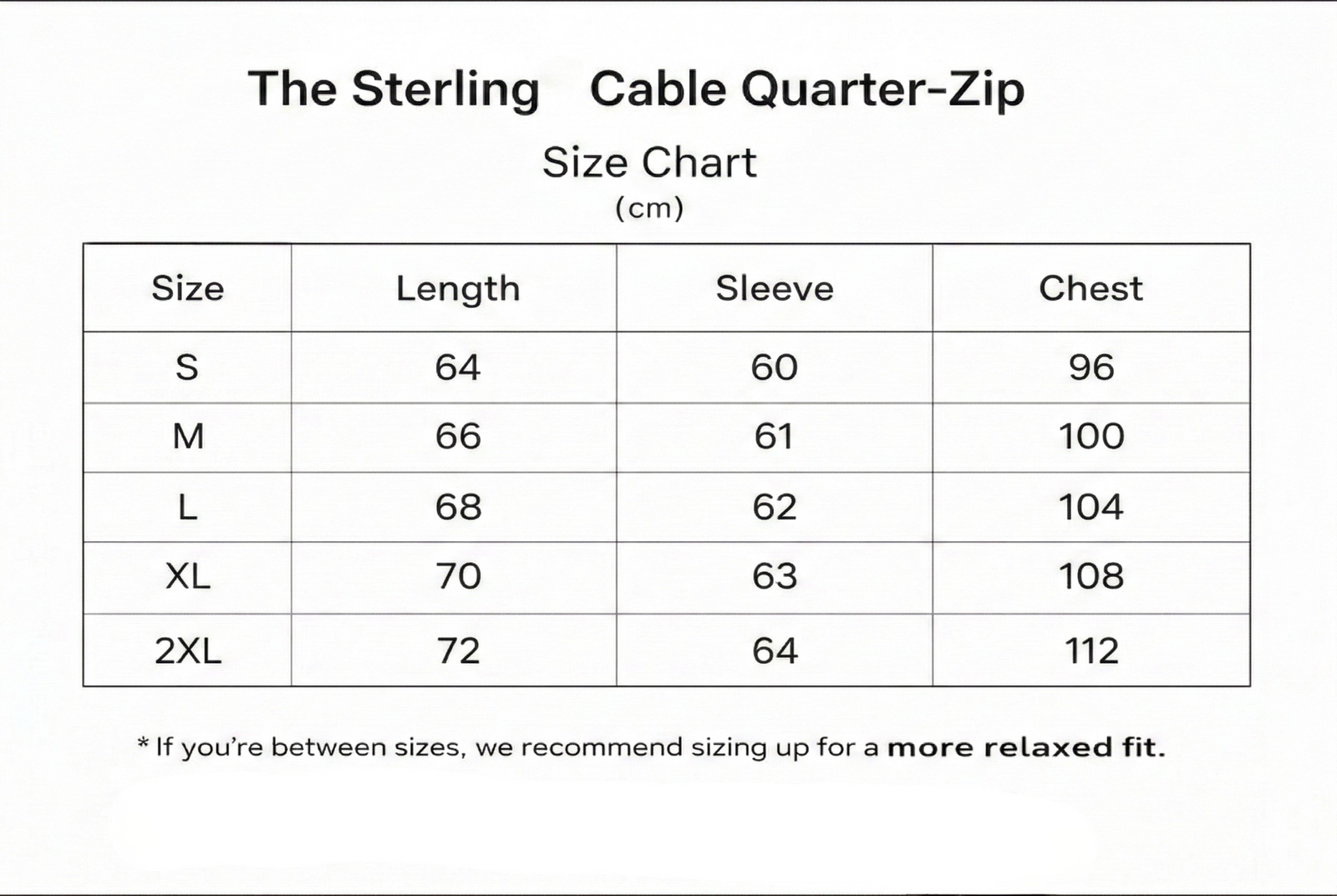 The Sterling™ Cable Quarter-Zip size guide