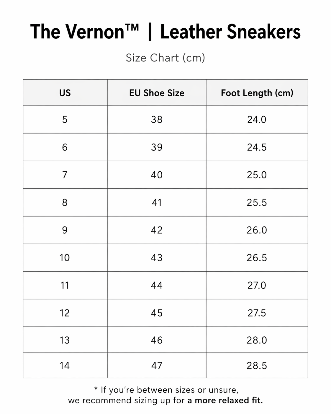 The Vernon™| Leather Sneakers size guide