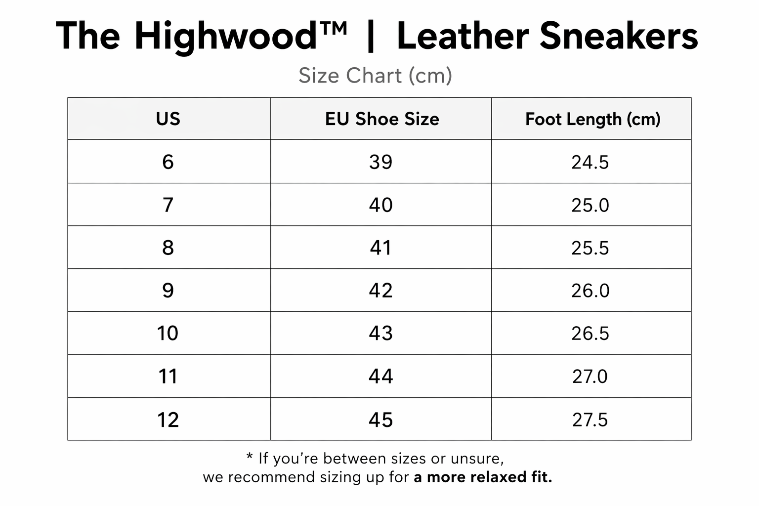 The Highwood™| Leather Sneakers size guide