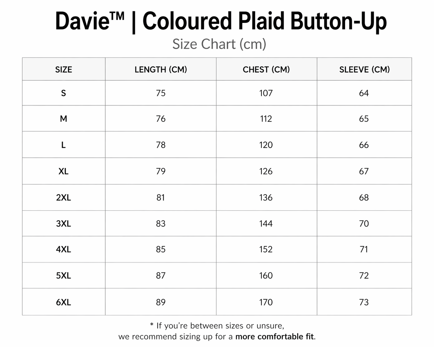 Davie™ | Coloured Plaid Button-Up size guide