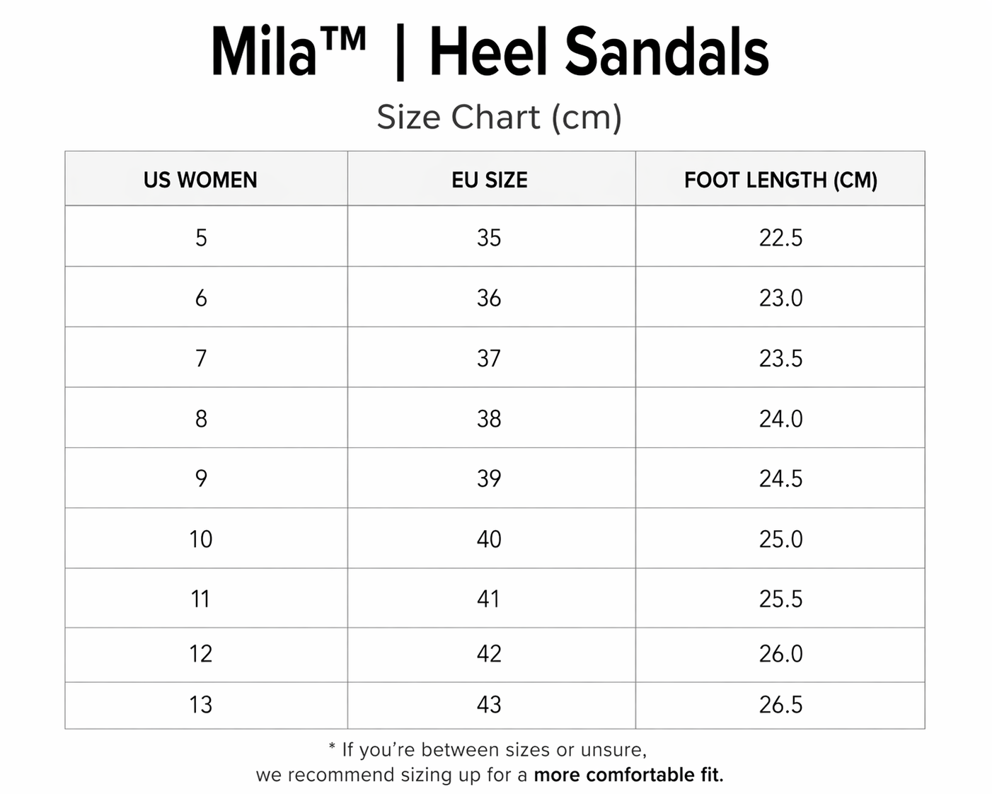 Mila™| Heel Sandals size guide