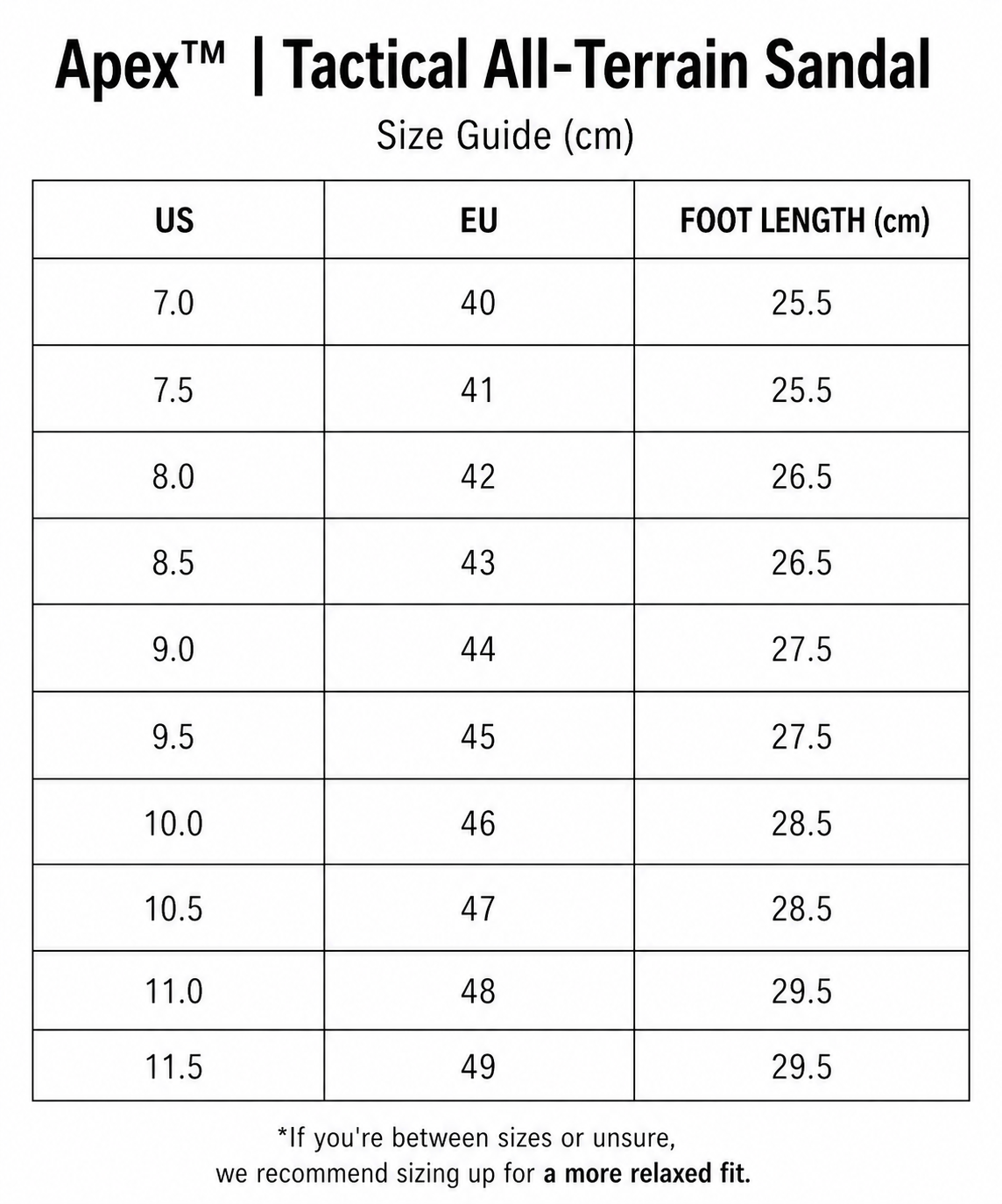 Apex™ | Tactical All-Terrain Sandal size guide