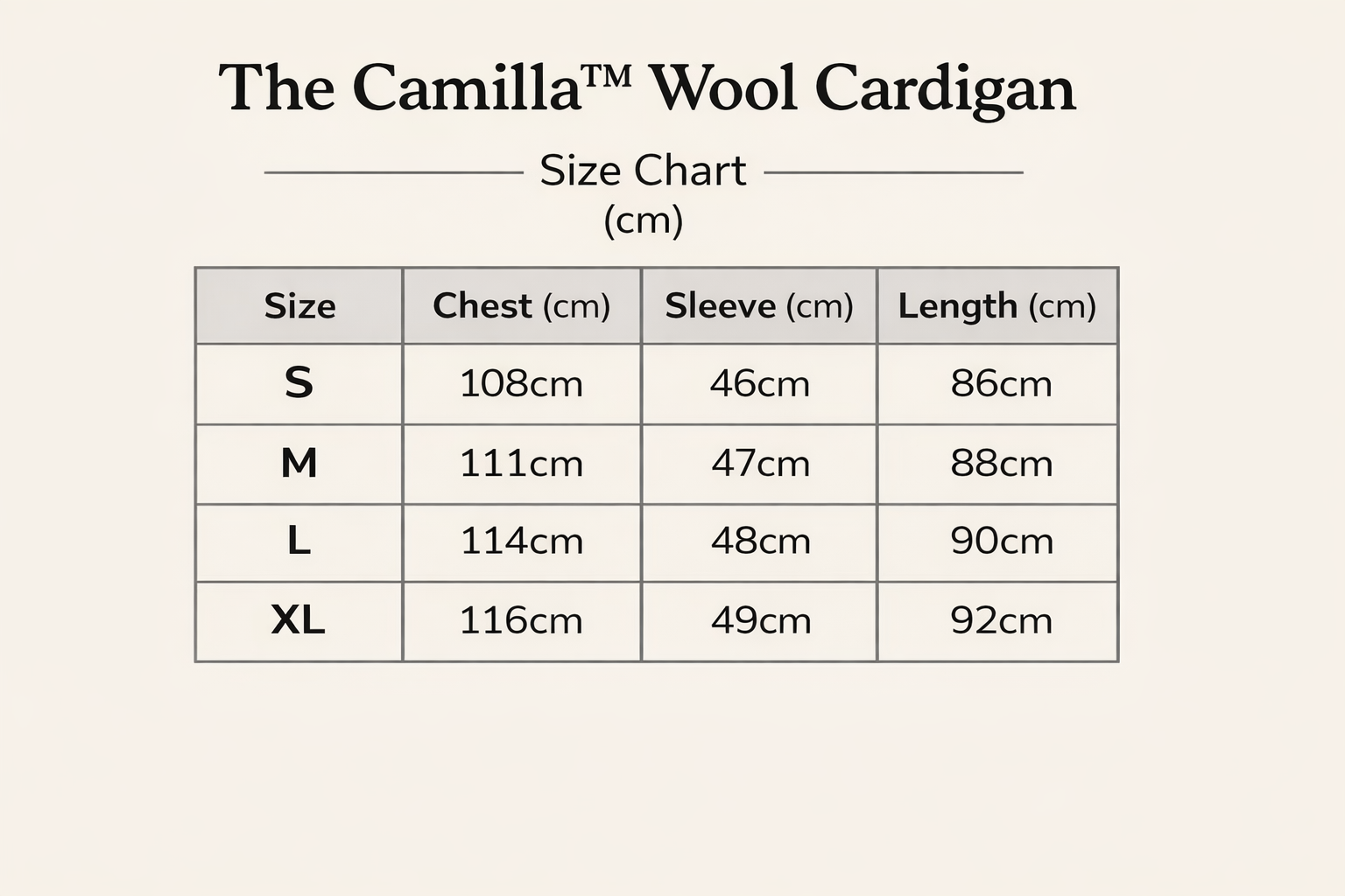 Camilla™ Wool Cardigan size guide