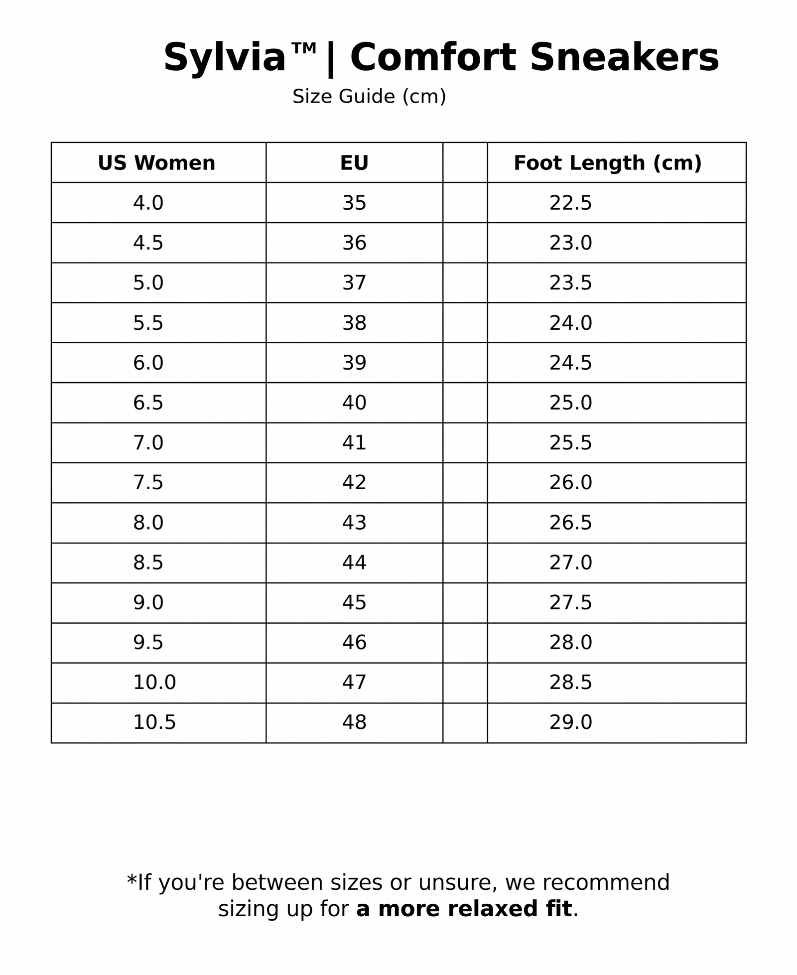 Sylvia™ | Comfort Sneakers size guide