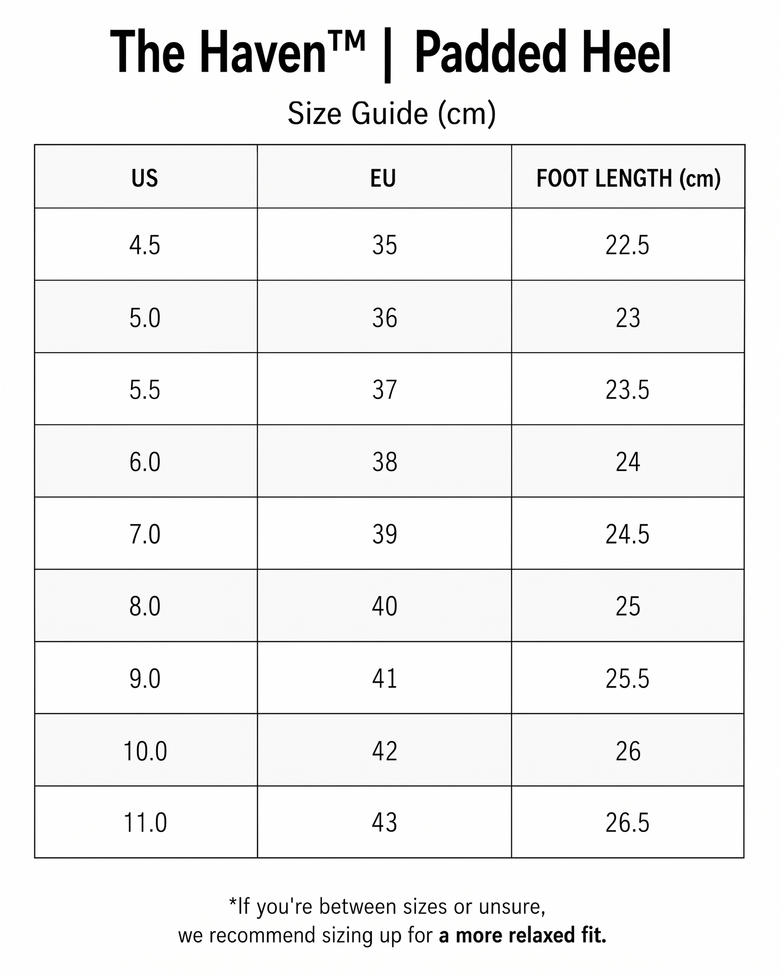 The Haven™ | Padded Heel size guide
