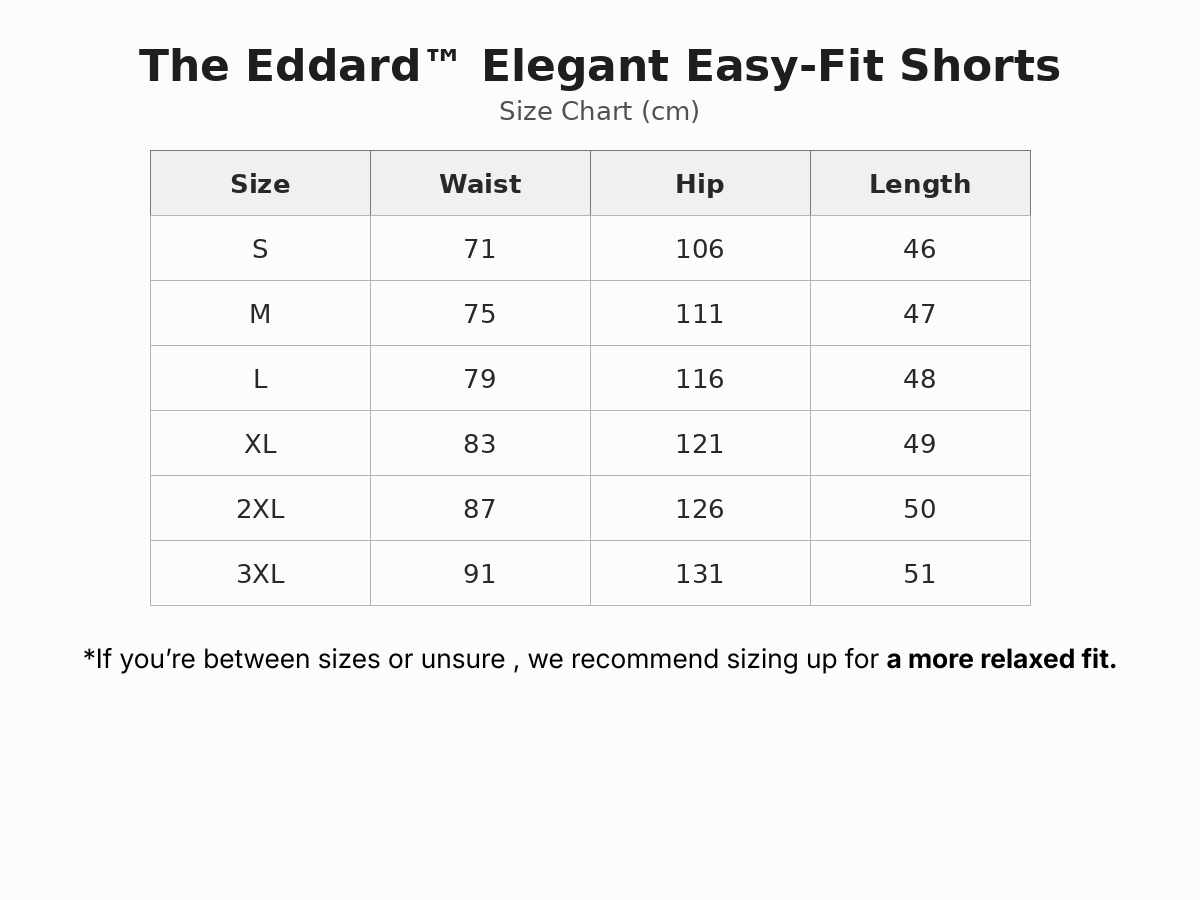 Eddard™ | Elegant Easy-Fit Shorts size guide
