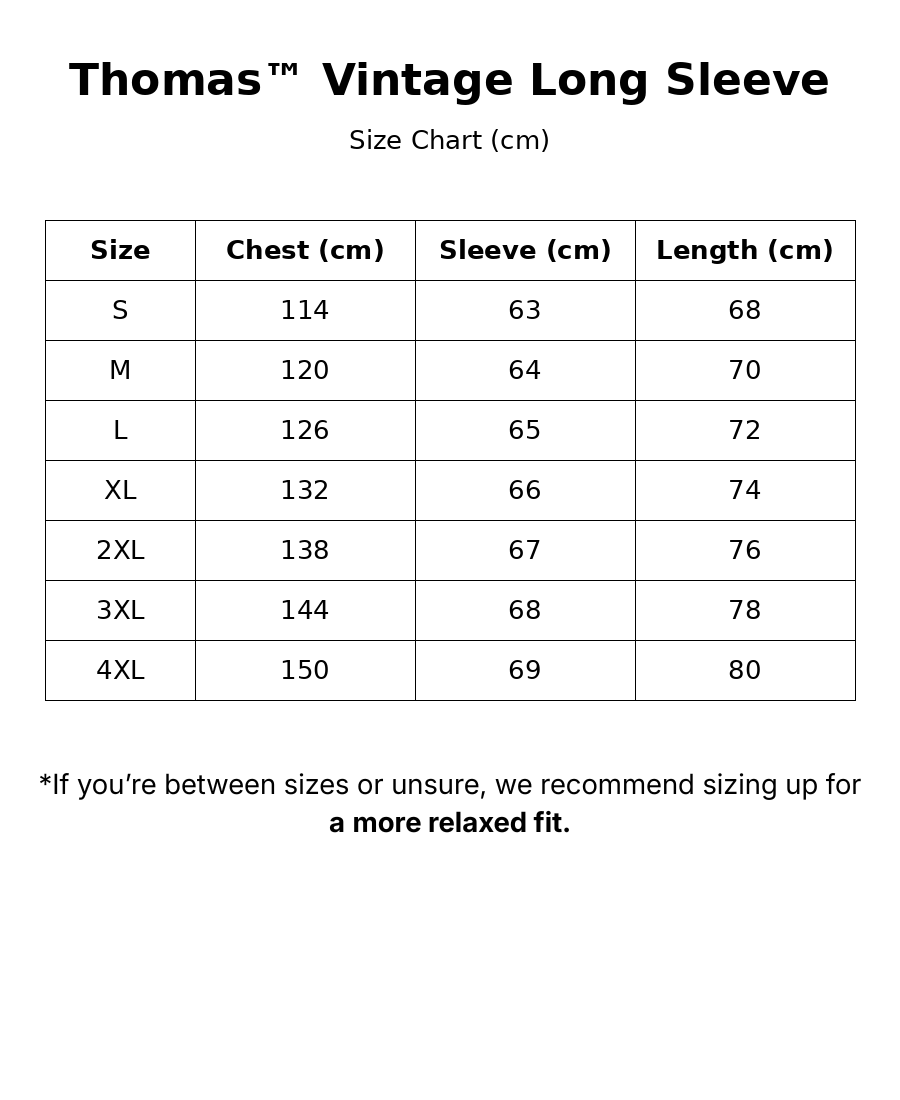 Thomas™ | Vintage Long sleeve Button up size guide
