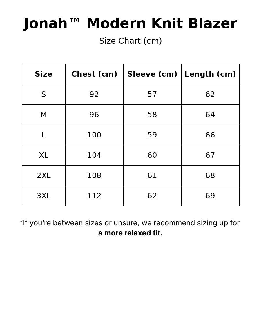 Jonah™| Modern Knit Blazer size guide