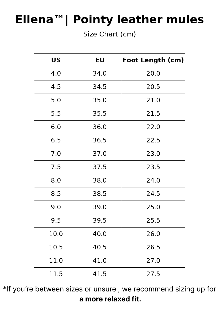 Ellena™| Pointy leather mules size guide