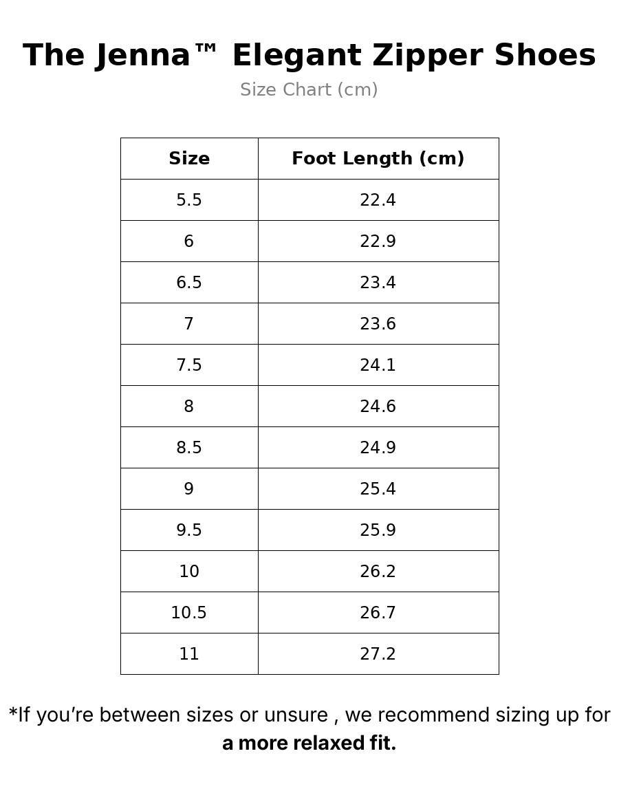 Jenna™| Elegant Zipper Shoes size guide