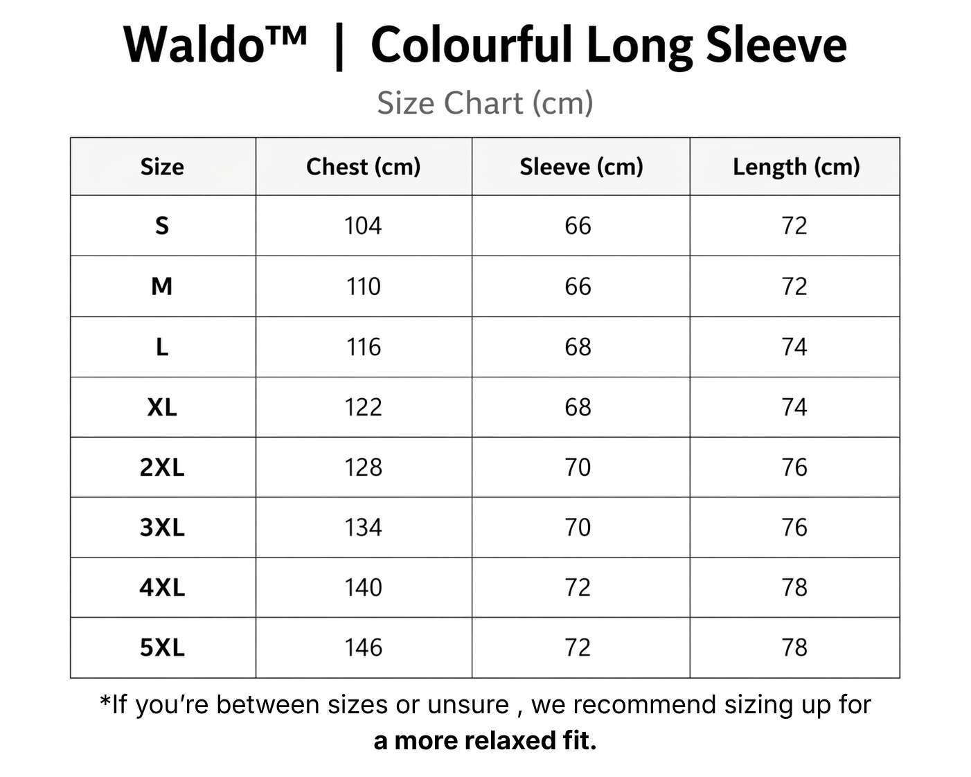 Waldo™| Colourful Long Sleeve size guide