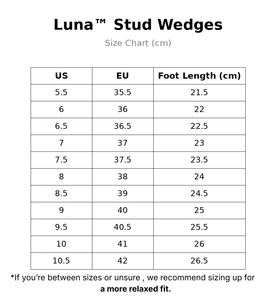 Luna™| Stud Wedges size guide