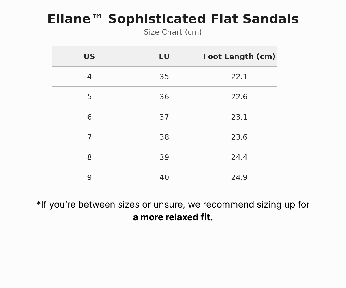 Eliane™| Sophisticated Flat Sandals size guide