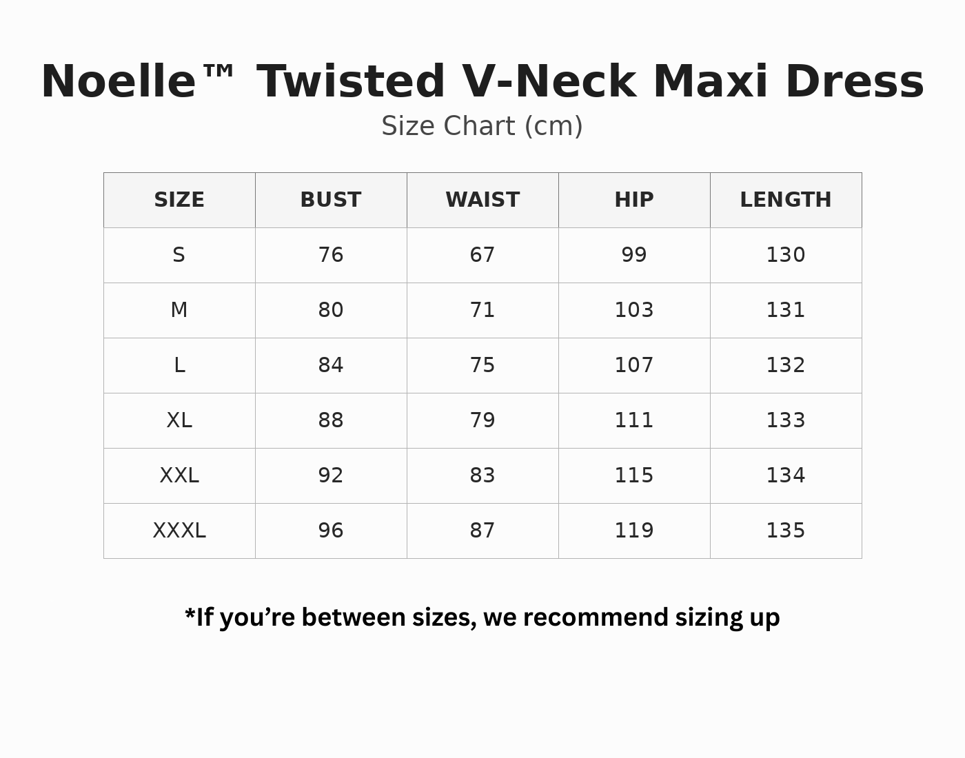 Noelle™ | Twisted V-Neck Maxi Dress size guide