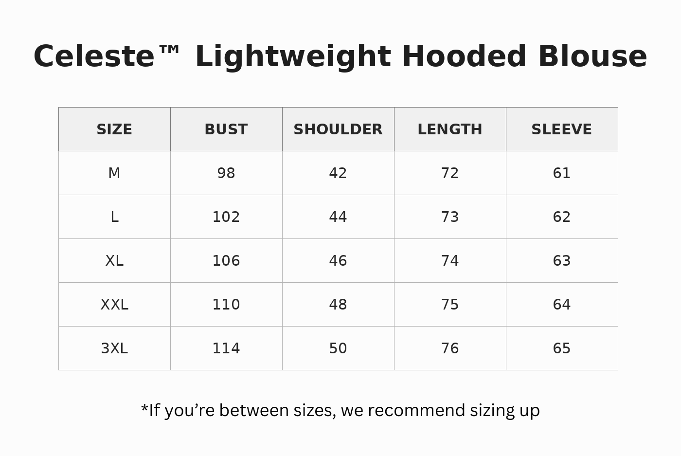 Celeste™ | Lightweight Hooded Blouse size guide