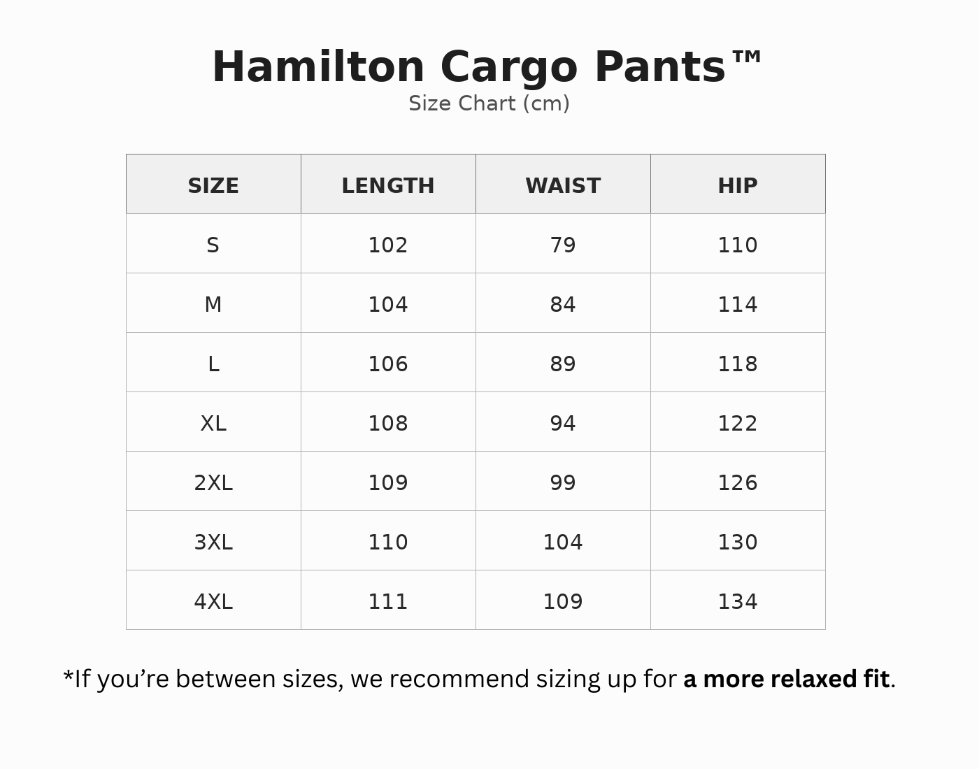 Hamilton Cargo Pants™ size guide