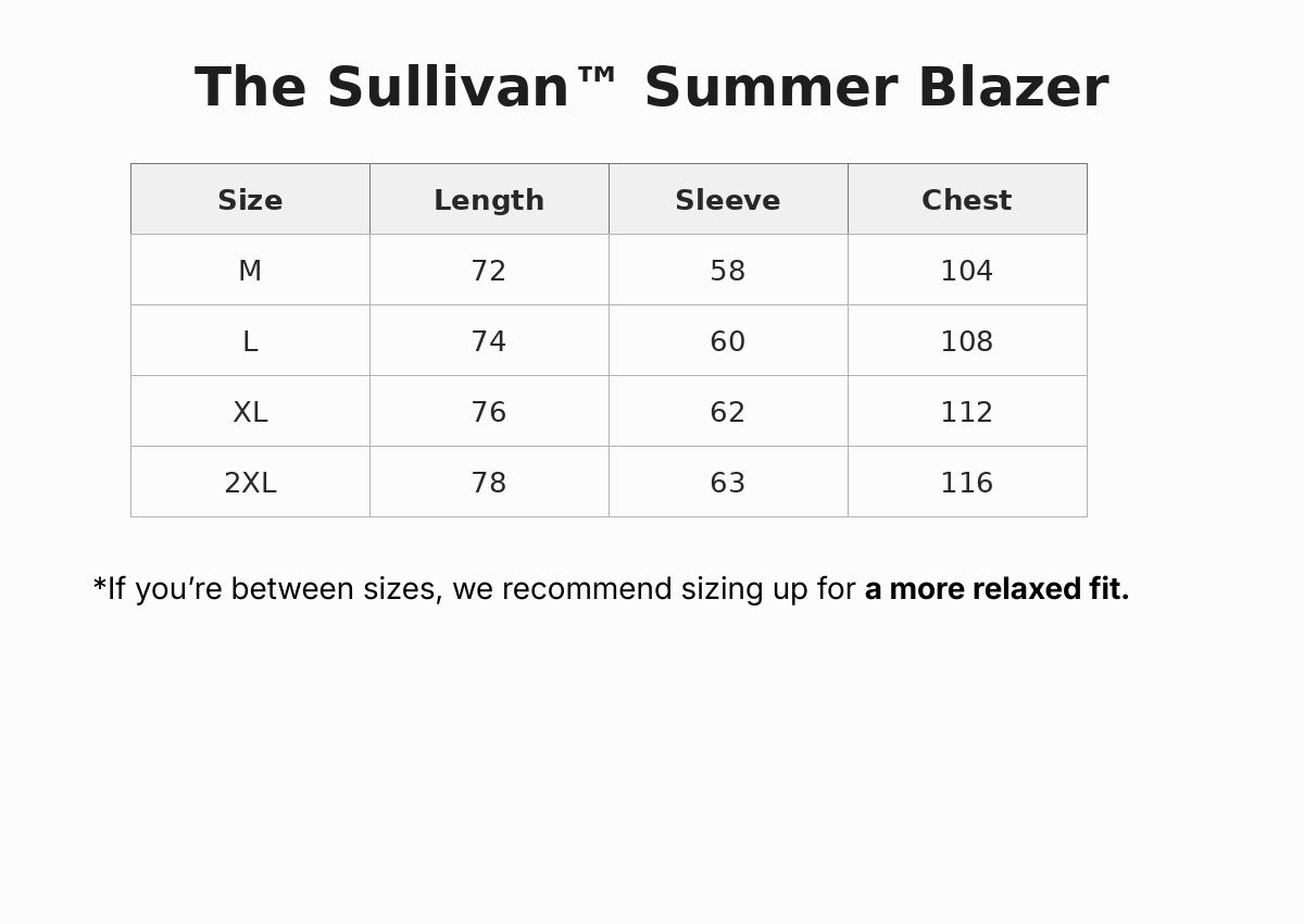 The Sullivan™ Summer Blazer size guide