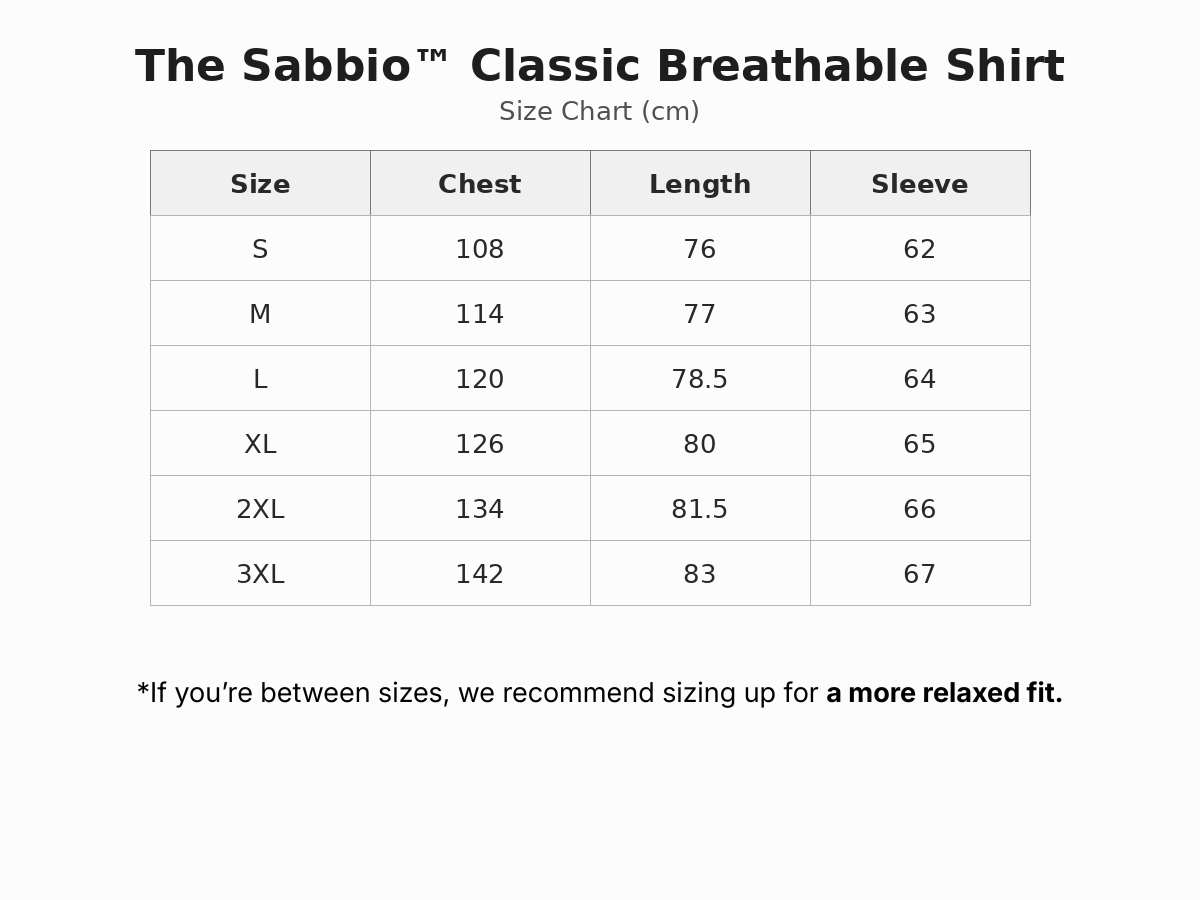 The Sabbio™ | Classic breathable shirt size guide