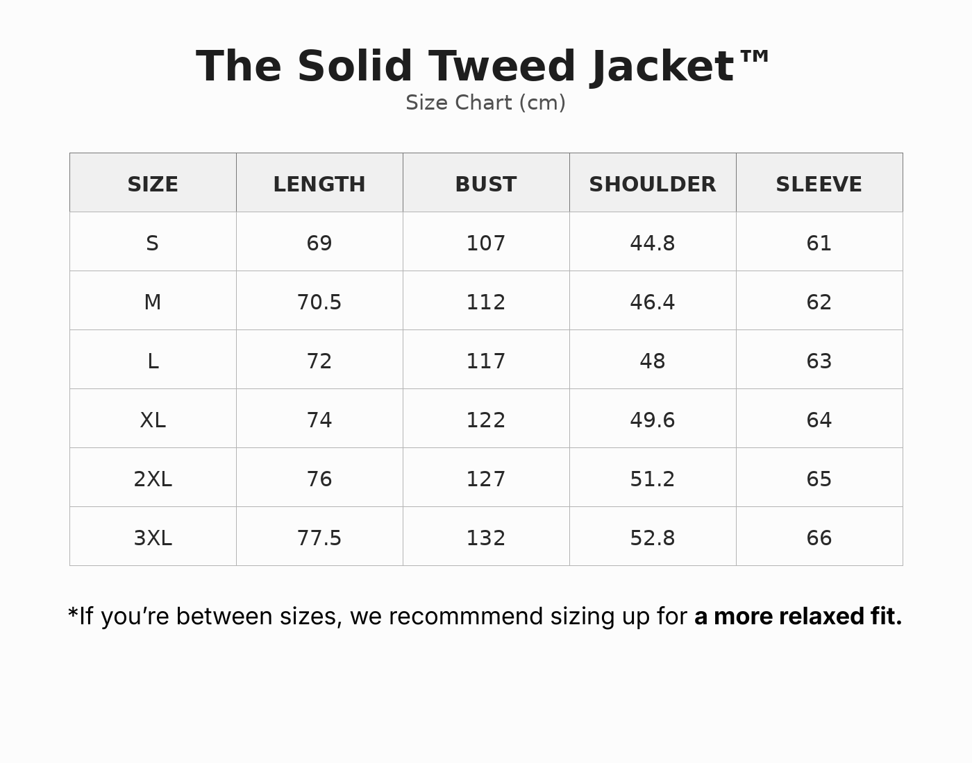 The Solid Tweed Jacket ™ size guide