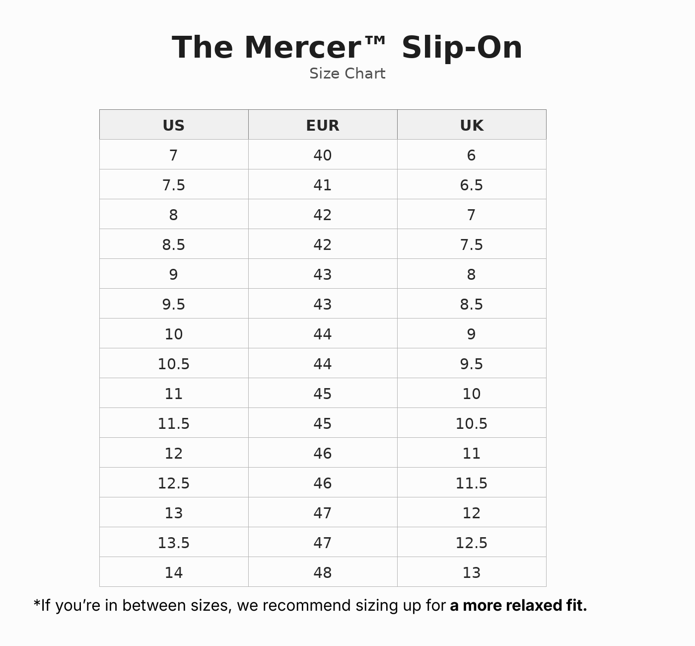 The Mercer™ Slip-On size guide