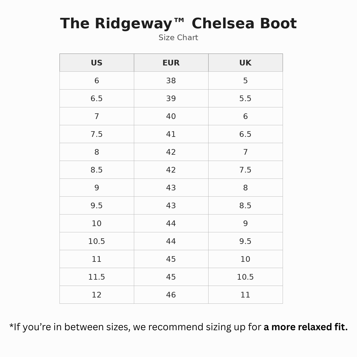 The Ridgeway™ Chelsea Boot size guide
