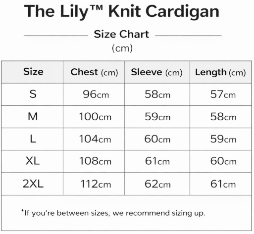 The Lily™ Knit Cardigan size guide