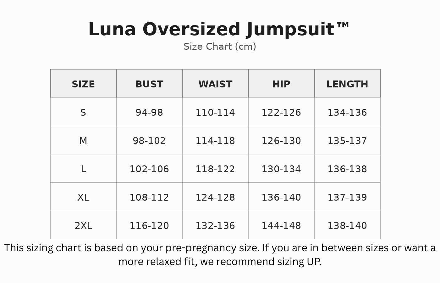 Luna Oversized Jumpsuit™ - Maternity & Postpartum size guide