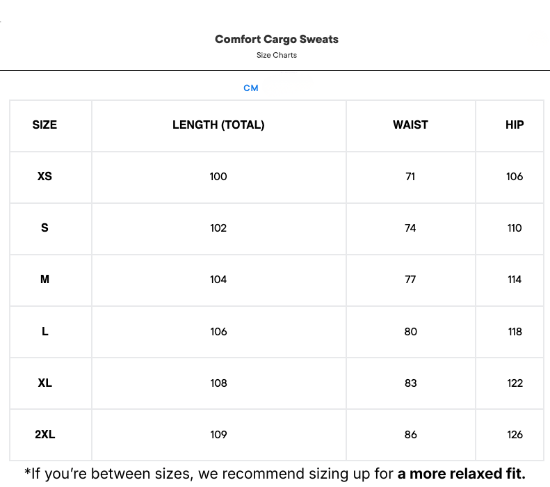 Comfort Cargo Sweats™ size guide