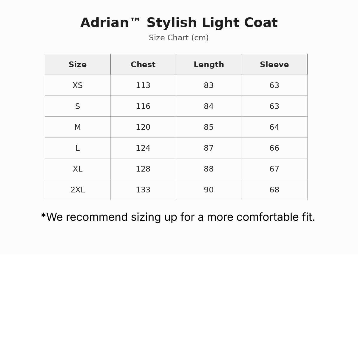 Adrian ™ | Stylish Light coat size guide