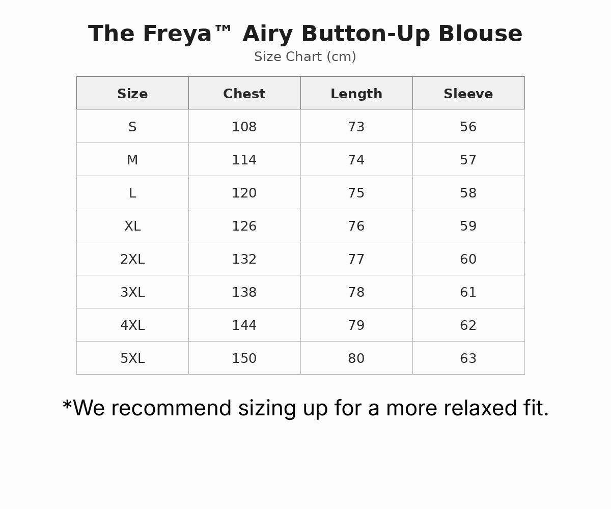 The Freya™ – Airy button-up blouse size guide