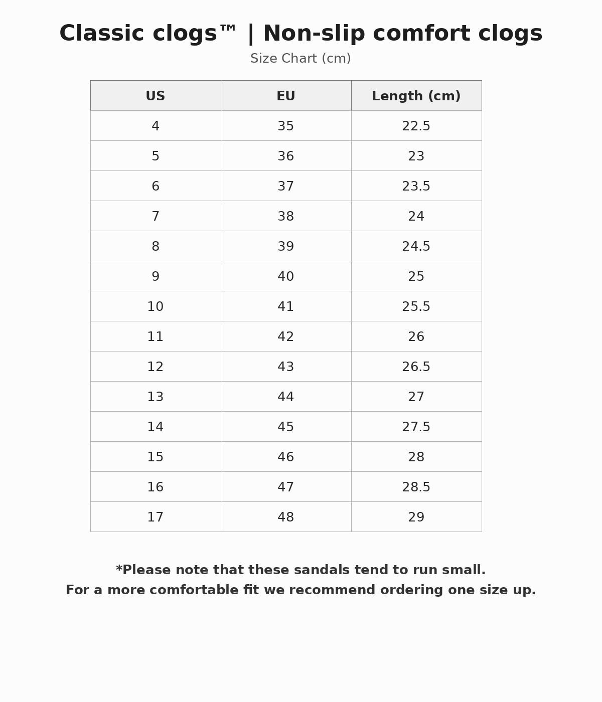 Classic clogs™| Non-slip comfort clogs size guide