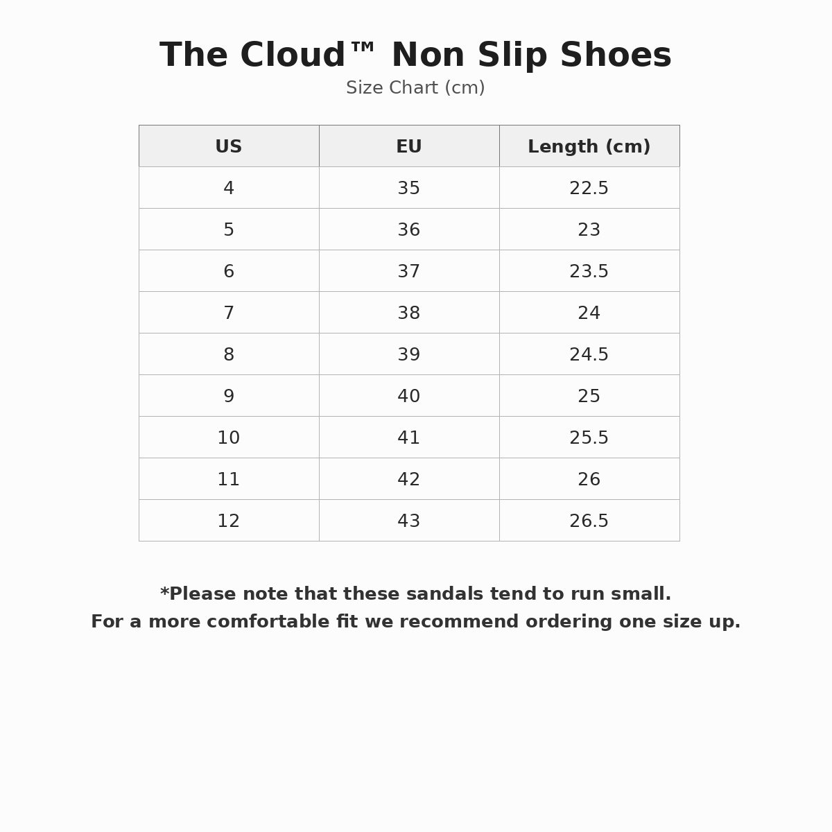 The Cloud™ | Non slip shoes size guide
