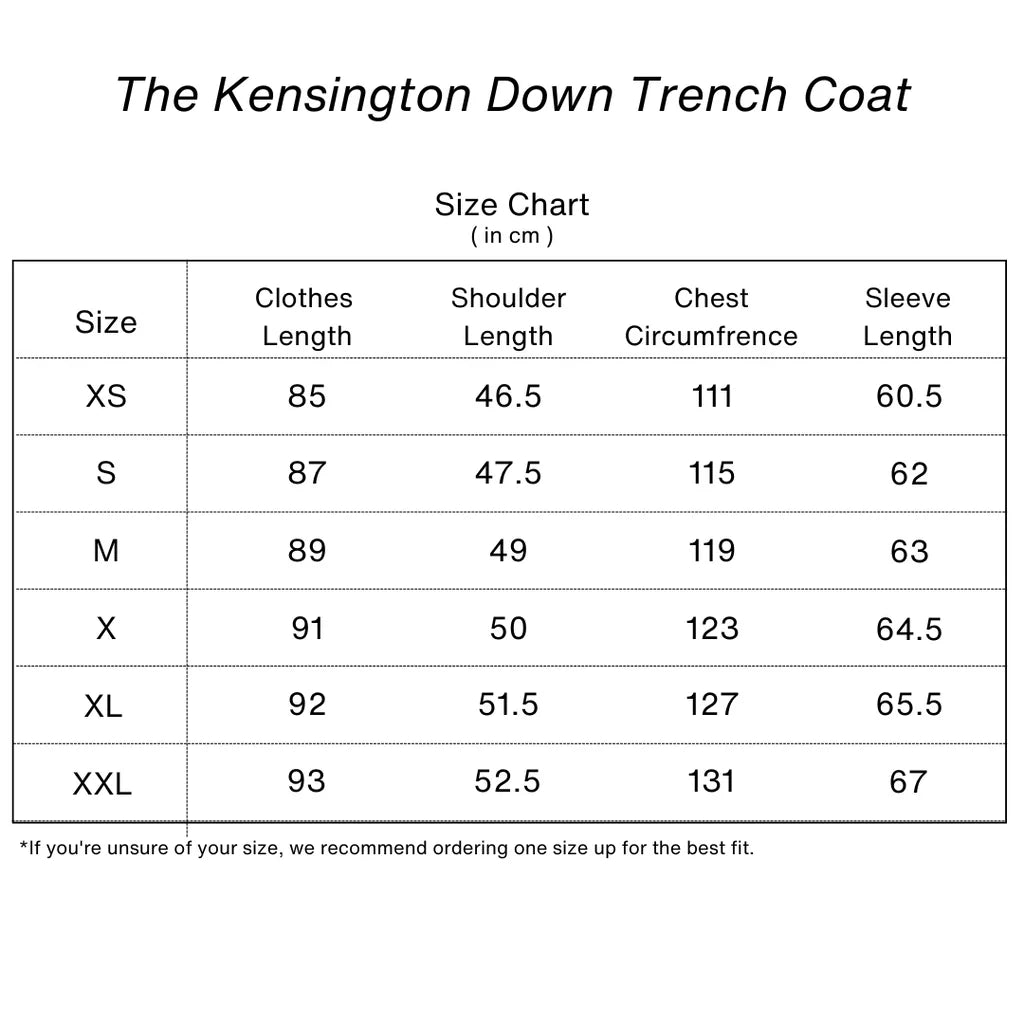 The Kensington ™ | Down Trench Coat size guide