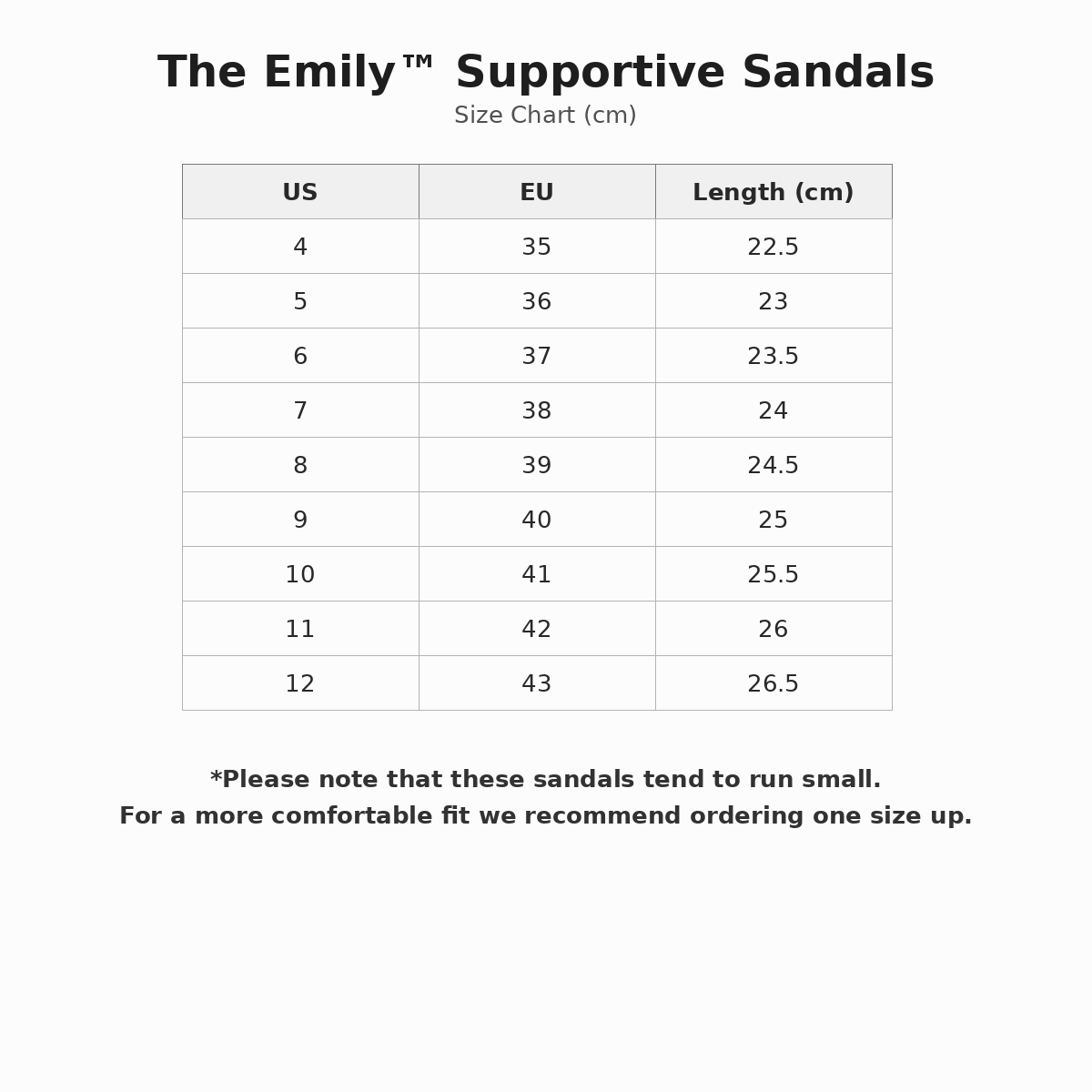 The Emily™ Supportive Sandals size guide