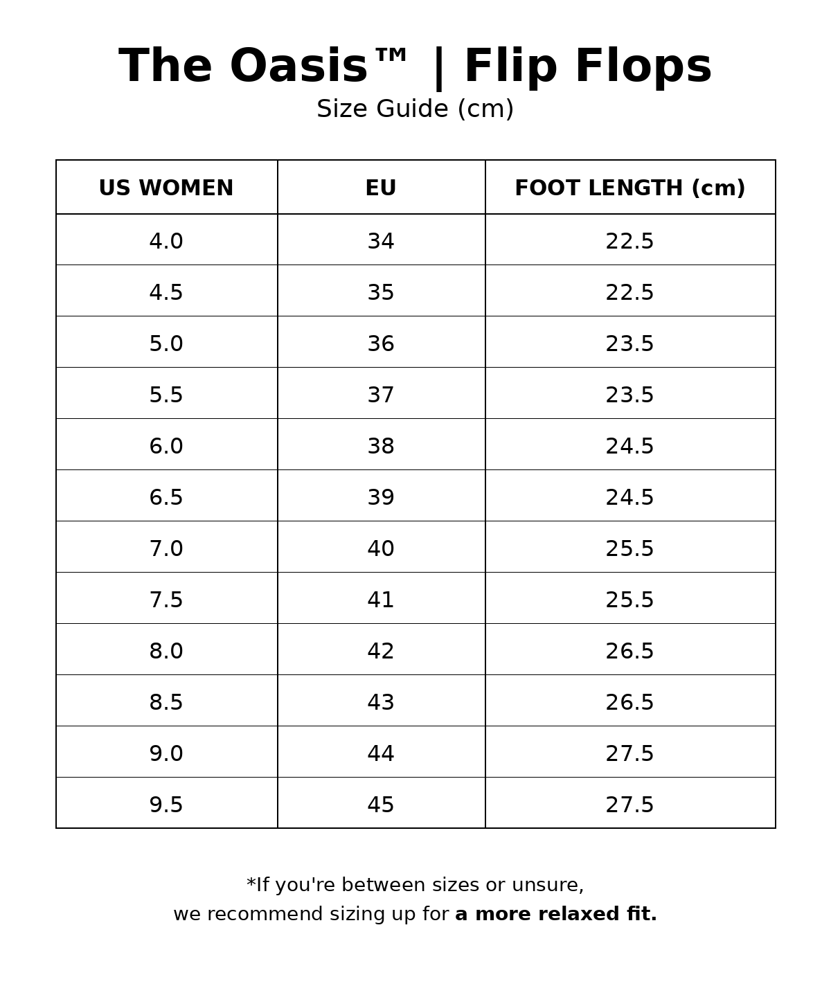 The Oasis™ |  Flip Flops size guide