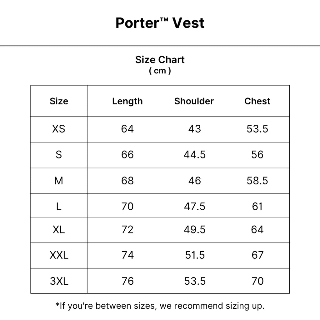 Porter™ | Stylish Seasonal Vest size guide