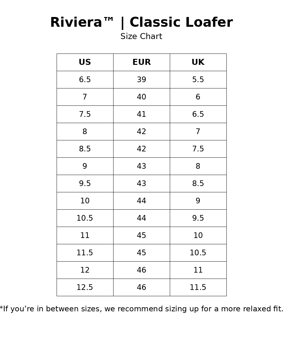 Riviera™| Classic Loafer size guide