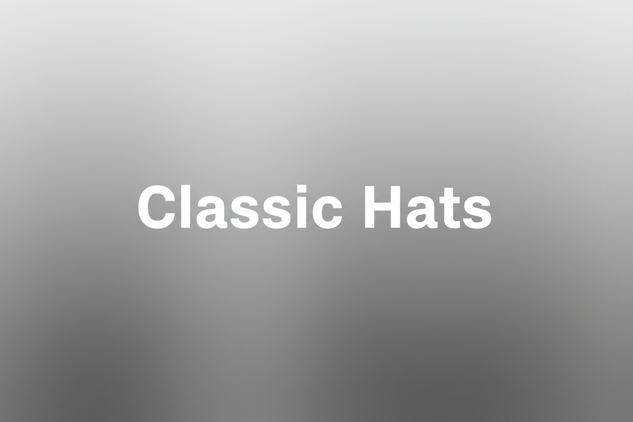 Silver gradient background with " Classic Hats " in the middle , inter font , white text color