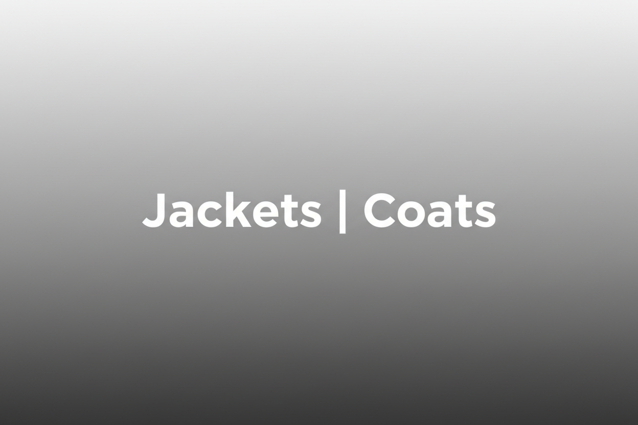 Silver gradient background with " Jackets | Coats " in the middle , inter font , white text color