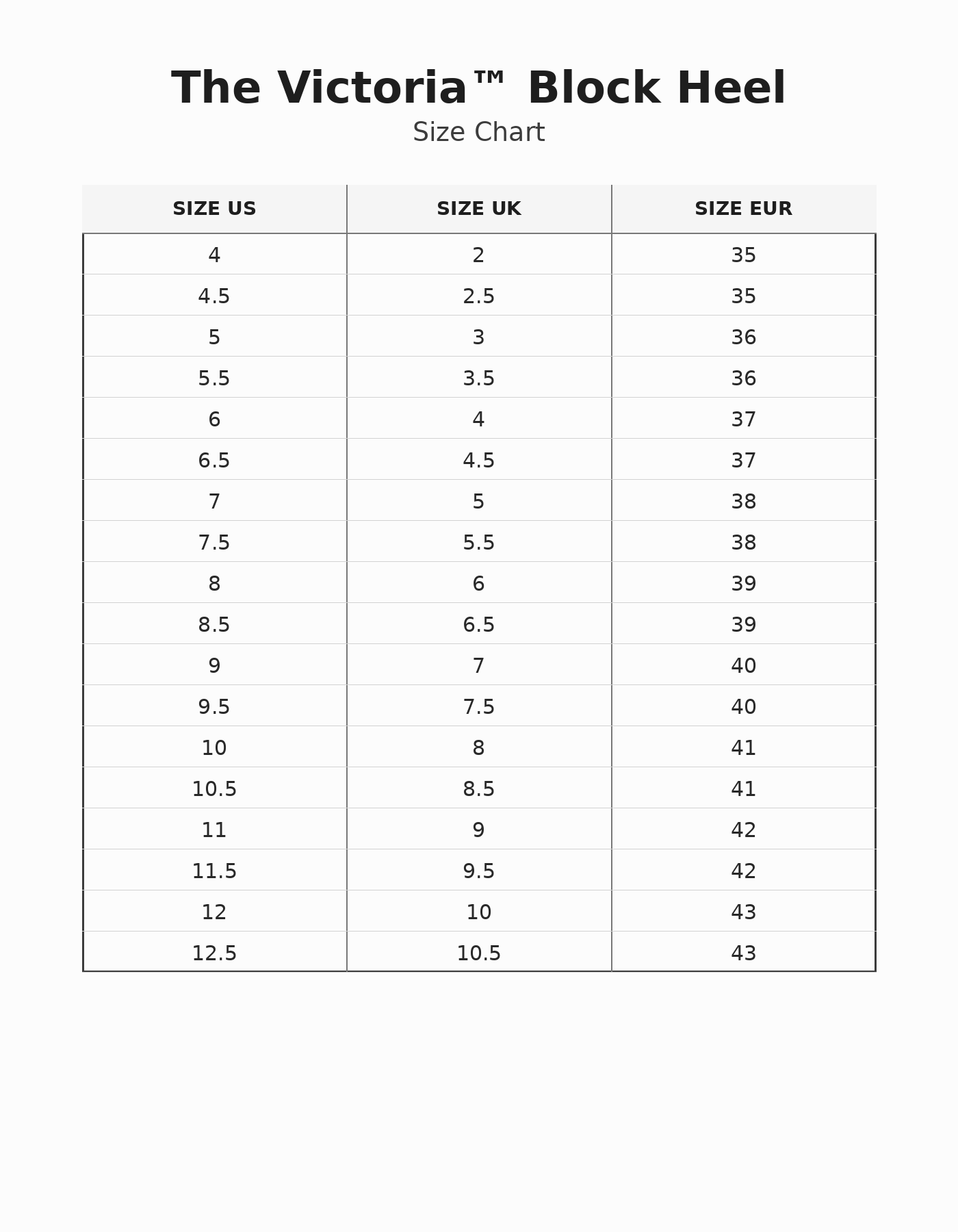 The Victoria™ Block Heel size guide